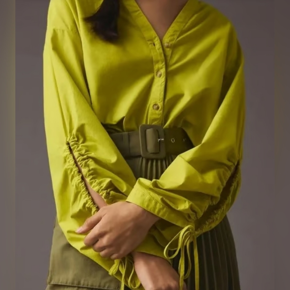 Pilcro Anthropologie Drawstring Poplin Oversized Button Down Shirt Chartreuse S - Picture 11 of 11